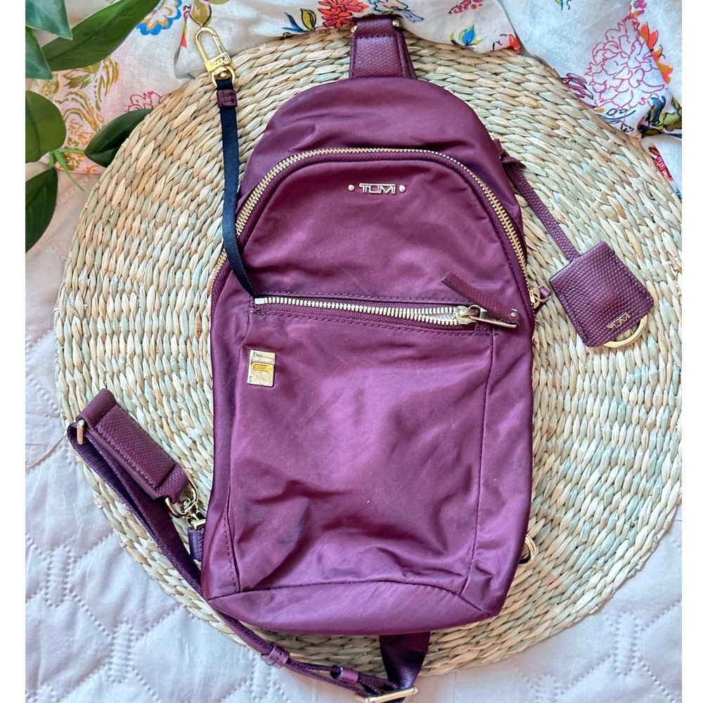 Tumi Voyageur Anna Sling Bag Burgundy Nylon Crossbody Backpack Gold Hardware